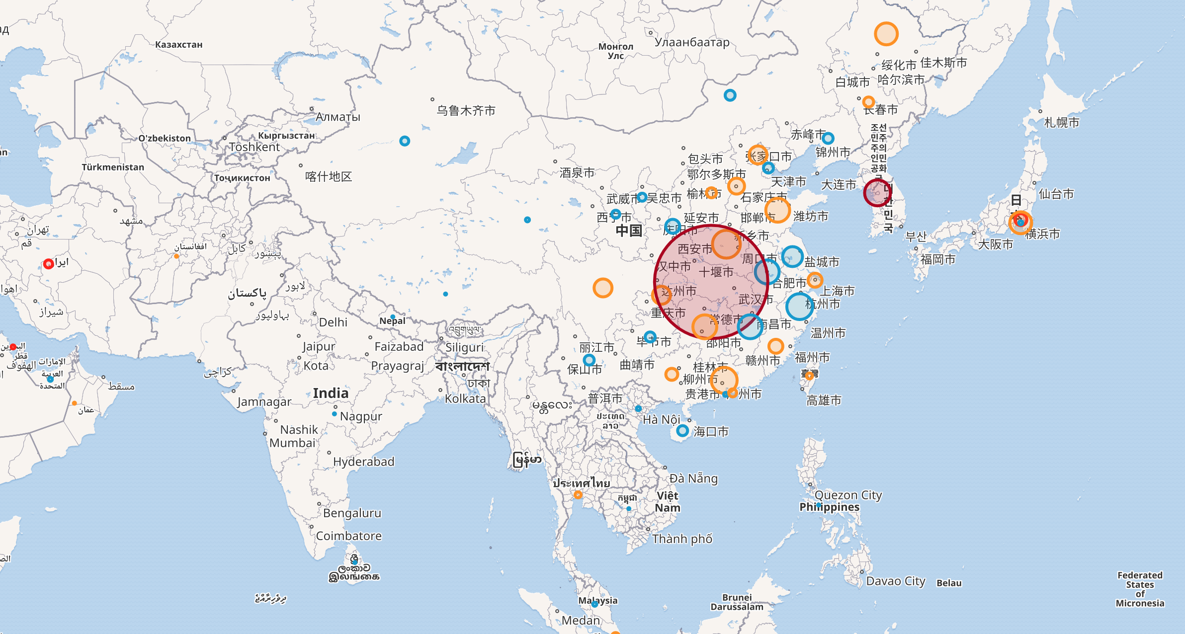 Map of asia with circles of varying sizes in a variety of countries such as China, Korea and Japan.